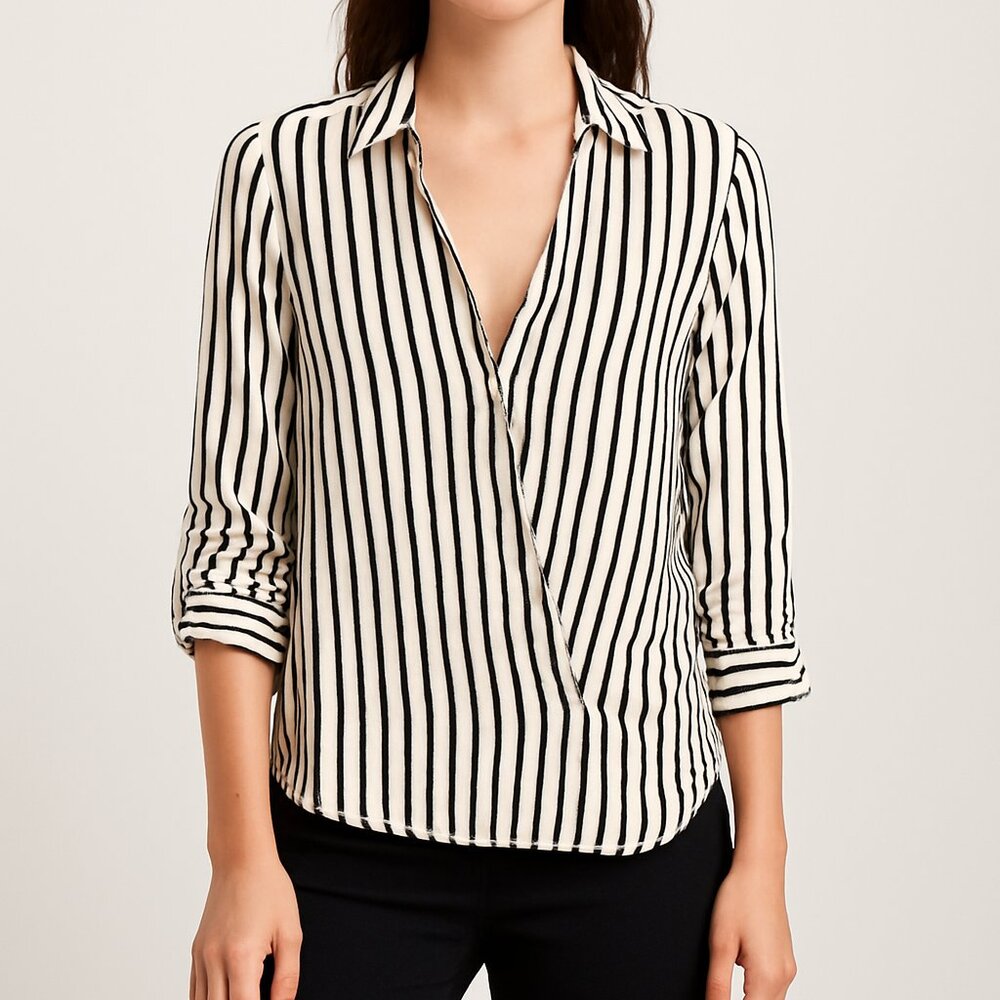 F&F Black & White Striped Draped Front‎ Top